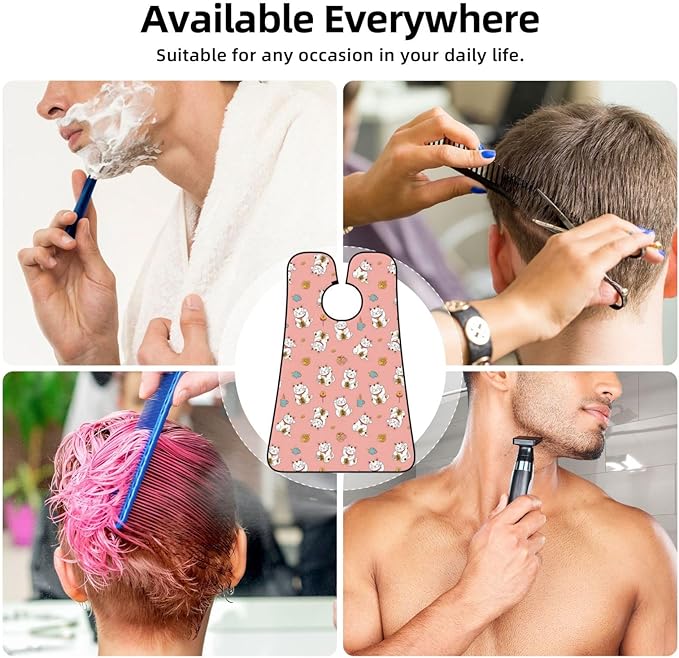 Non-Stick Beard Shaving Bib, Hair Catcher Apron with Suction Cups, Waterproof Grooming Tool for Men Husband, Lucky Cat Pink Shave Bib