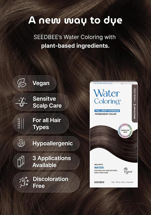 Korean Permanent Hair Dye, Powder Hair Color Kit, Dark Brown, Gray Hair Coverage, Plant-Based Formula, Easy Application for Roots, Short & Long Hair, Vegan, Just Mix with Water (3 Powder Packets)
