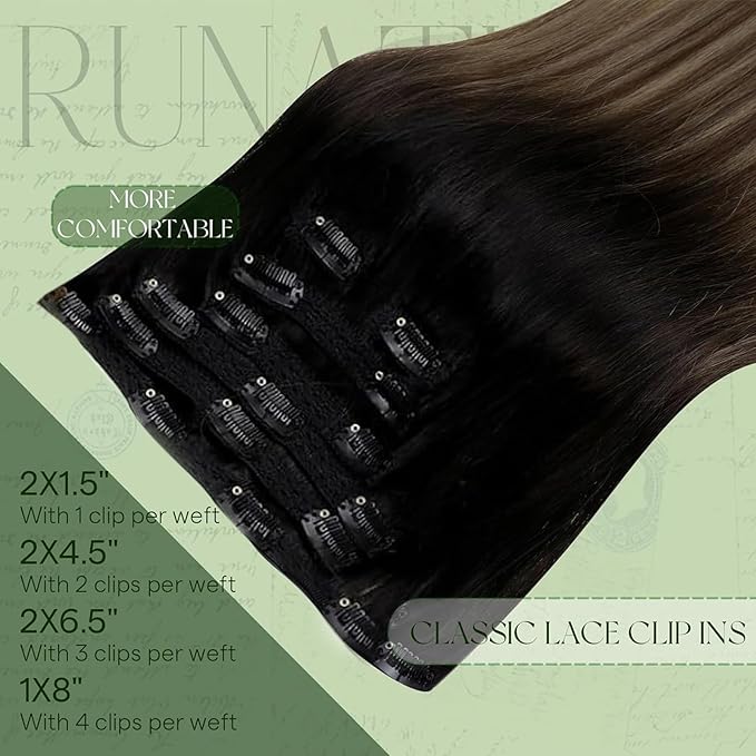 RUNATURE Balayage Clip in Hair Extensions, Real Human Hair Extensions Clip Ins, Black Rooted Natural Hair Extensions for Women, Thick Remy Hair, 14 Inch 70g 7pcs, #1B/6/27 Black Ombre to Blonde