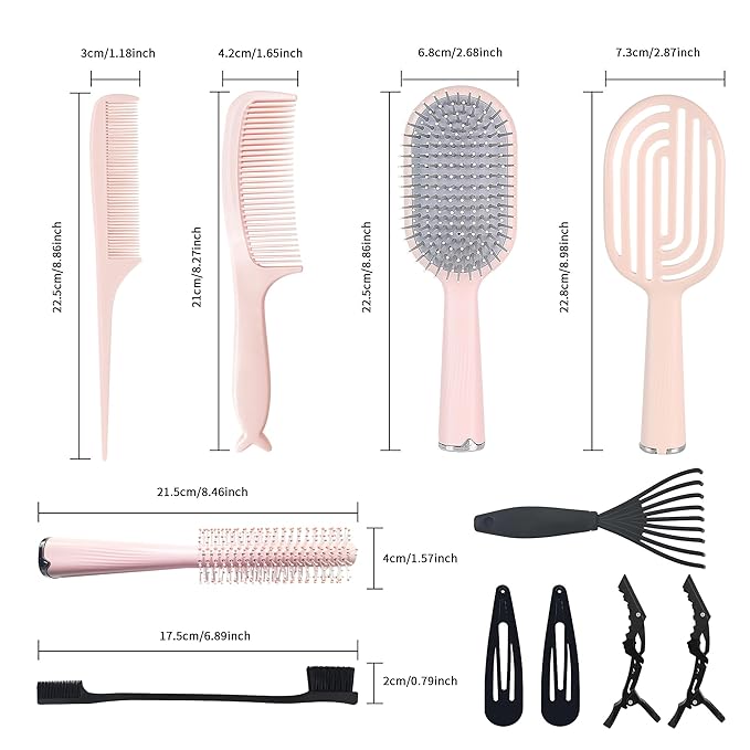 Hair Brush Set, Professional Styling Tools with Combs and Accessories, Pink, Gift Box Included (Pink Brush+Pink Comb)