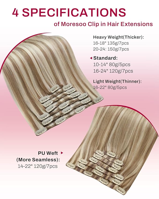 Moresoo Clip in Hair Extensions Blonde Highlight Straight Real Hair Extensions Clip in Human Hair Light Brown with Blonde for Party Women Full Head 7pcs 120g 18inch