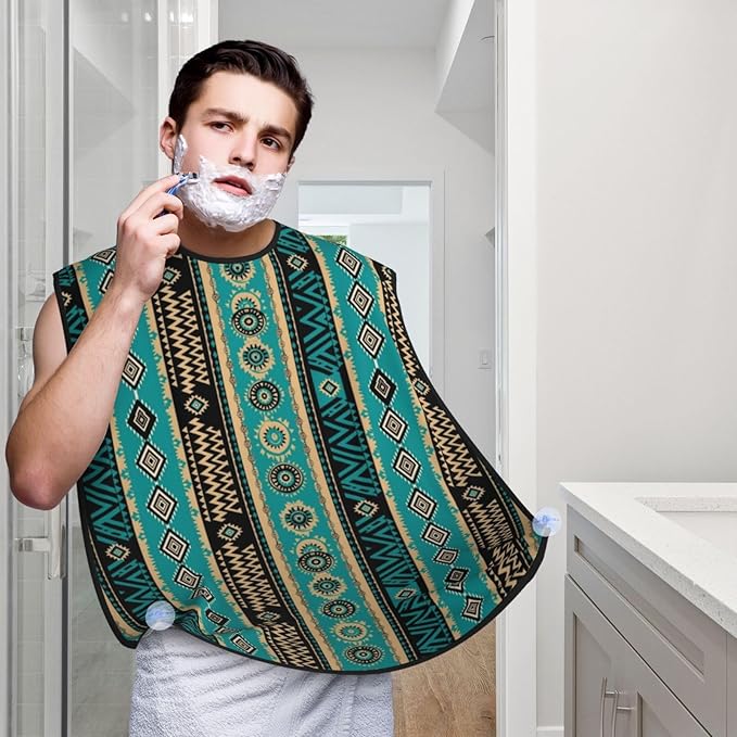 Strong Suction Cup Beard Grooming Bib, Non-Stick Hair Catcher, Waterproof, for Shaving, Tribal Navajo Aztec Geometric Ethnic Pattern