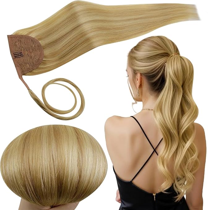 RUNATURE Ponytail Extension Human Hair Blonde, Real Hair Ponytail Extension For Women, Human Hair Ponytail Wrap Around, Remy Natural Hair, Easy to Install, 16 Inch 80g #16P24 Golden Blonde Highlights