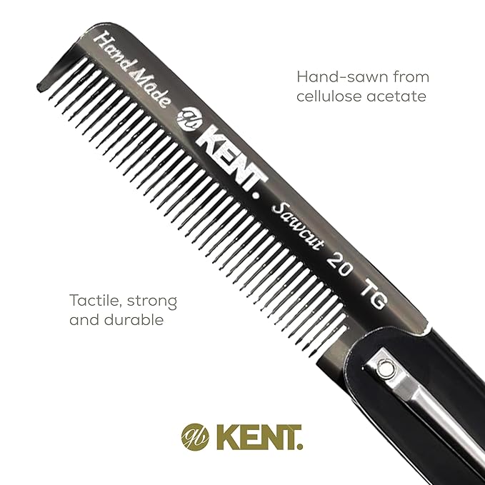 Kent 20T Black Graphite Handmade Folding Pocket Comb for Men, Fine Tooth Hair Comb Straightener for Everyday Grooming Styling Hair, Beard or Mustache, Use Dry or with Balms, Saw Cut, Made in England