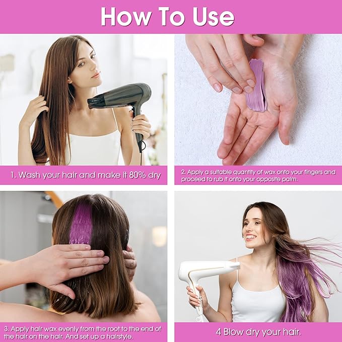 Temporary Hair Color Wax Kit, Stocking Stuffers for Teen Girls, Instant Hair Dye for DIY Hairstyles on Crazy Hair Day, Children's Day, Christmas (Pink)