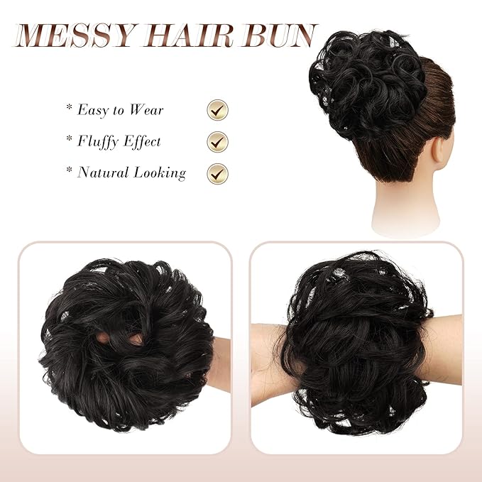 FESHFEN Messy Bun Hair Piece - Elastic Wavy Curly Hair Bun Scrunchies Extensions Synthetic Chignon Hairpieces for Women Girls, Black Brown 1.5 oz