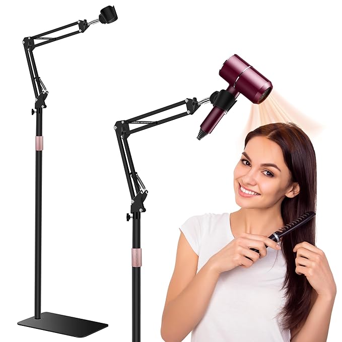 Hair Dryer Stand, 1.68M Height Adjustable, Hands Free Blow Dryer Holder with Heavy Base, 360 Degree Rotating, Work with 99% Dryers, Gift for Mom, Elder, Frozen Shoulder - Black