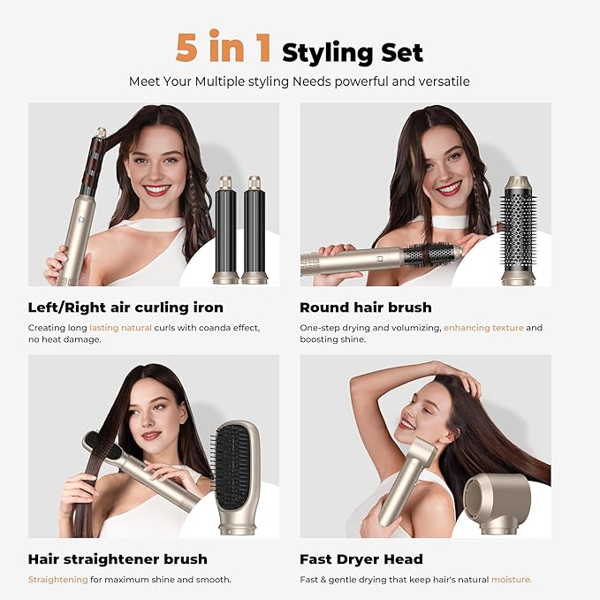 5 in 1 Hair Dryer Brush Set,Professional Negative Ionic Hot Air Styler, Air Curling Wrap Styler,Detachable Blow Dryer Brush With Auto Wrap Curlers,Hair Styling Tools For Straight/Curl/Drying/Smoothing