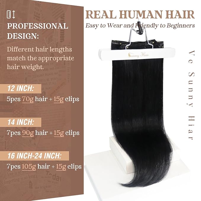 Ve Sunny Clip in Hair Extensions Real Human Hair, Black Clip in Hair Extensions Remy Hair Extensions Clip ins for Women 22inch 120g 7Pcs