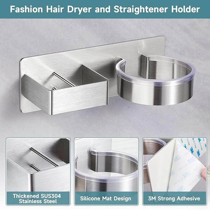 Hair Dryer Holder, Hair Tool Organizer, Stainless Steel Blow Dryer Holder Wall Mounted, Adhesive Straightener Holder, Bathroom Hair Care Styling for Flat Iron,Curling Iron,Hairdryer