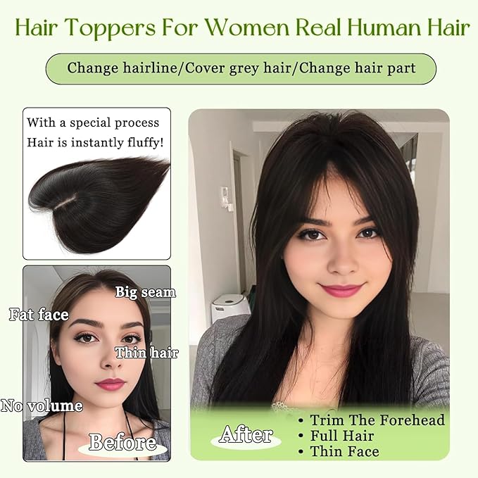 Hair Toppers for Women Real Human Hair, 360°3D Bangs Clip Human Toppers for Women with Thinning hair Realistic Scalp Line (Brown Black, 3D Side Bangs (11 * 7))
