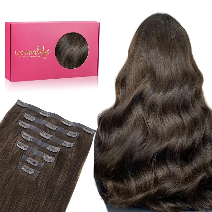 WENNALIFE Seamless Clip In Hair Extensions, 20 Inch 150g 7pcs Light Dark Brown Hair Extensions Clip in Human Hair Invisible PU Skin Weft Natural Remy Human Hair Extensions