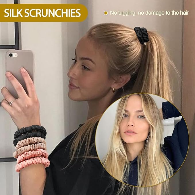 6Pcs Silk Hair Ties Small 22 Momme 100% Pure Mulberry Silk Scrunchies for Women Girls Thin Skinny Hair Sleep Scrunchies No Damage