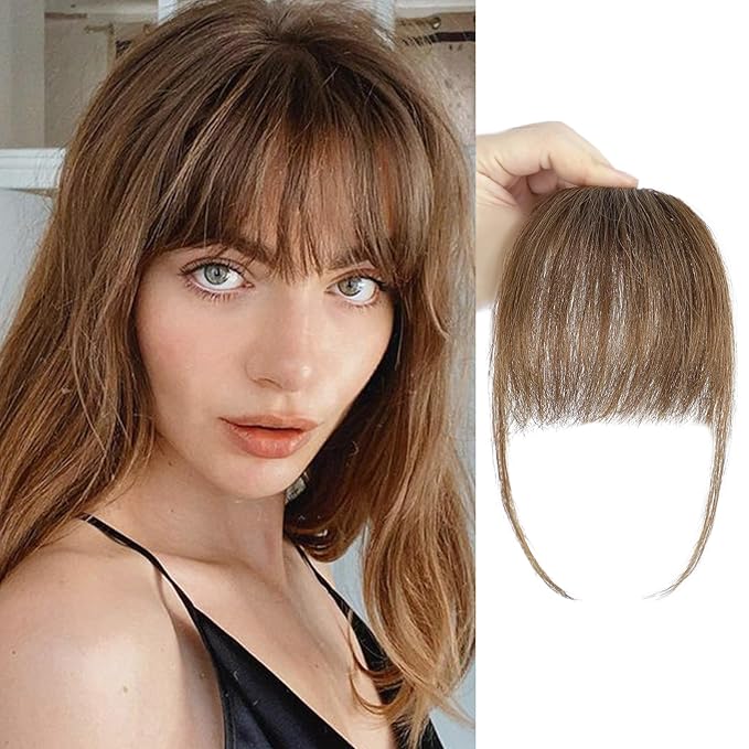 BOGSEA Clip in Bangs 100% Human Hair Bangs with Temples Bangs Hairpieces for Women Clip in Fake Bangs for Daily Wear (Light Brown, Wispy Bangs)