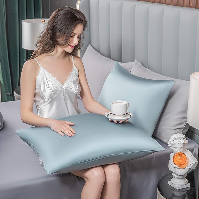 Mulberry Silk Pillowcase for Hair and Skin - Cooling Silk Pillow Case with Hidden Zipper, Allergen Proof Dual Sides Soft Breathable Smooth Silk Pillow Cover for Women (Aqua Blue)