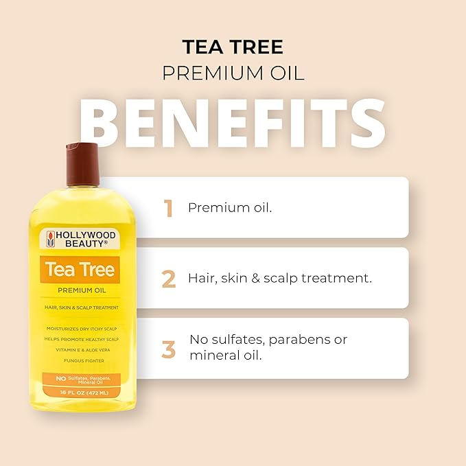 Hollywood Beauty Tea Tree Oil for Hair, Scalp, and Skin, 16 fl oz - Moisturizes Dry, Itchy Scalp, Fungus Fighter, Blended with Vitamin E & Aloe