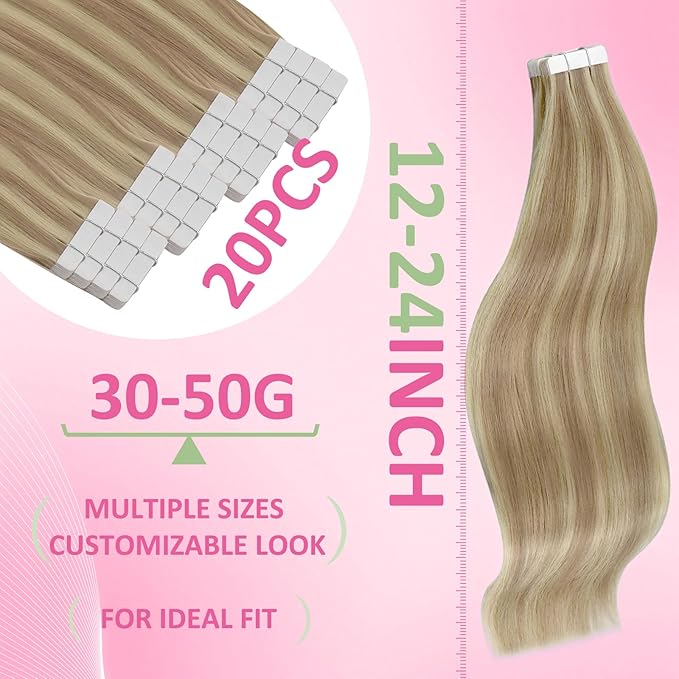YoungSee 24inch Tape in Human Hair Extensions Highlight Blonde Tape-in Hair Extensions Blonde Highlight Human Hair Extension Tape in Long Straight Hair 20pcs 50g