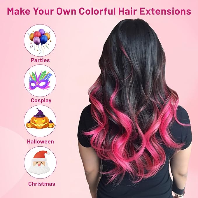 16 Pcs Colored Hair Extensions Curly Wavy Clip in Synthetic Hairpiece Streak for Girls Women Kids, Multi-colors Party Highlights Cosplay Festival Favor Gift(Hot Pink)