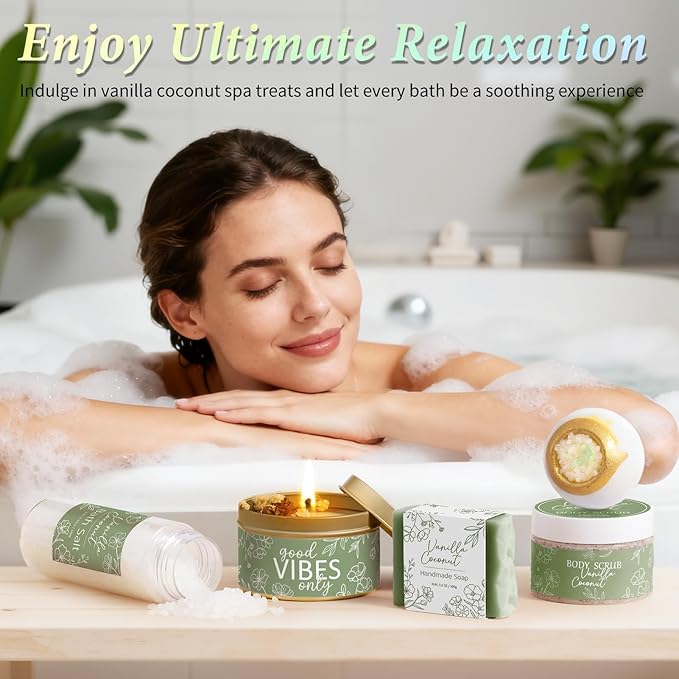 Spa Gifts for Women Bath Gift Set, Vanilla Coconut Relaxing Spa Gift Baskets Home Bath Set Self Care Kit Care Package Thank You Christmas Birthday Gifts for Women Mom Her Friends Sister Teen Girl Wife