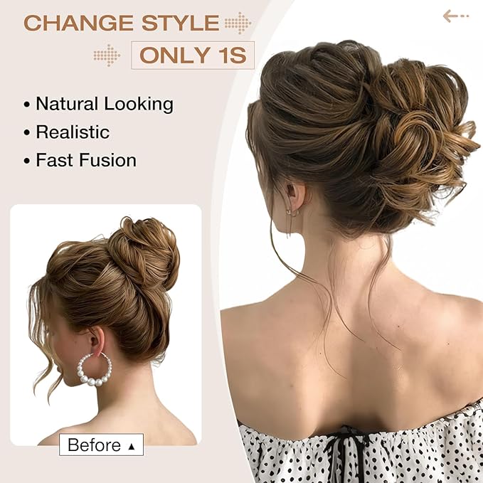 Messy Bun Hair Piece Wavy Curly Scrunchies Fluffy Donut Thick Updo Elegant Chignon Hairpieces for Women Girls, Light Auburn 1.4oz