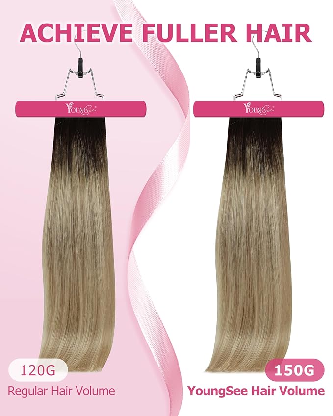 YoungSee Clip in Hair Extensions Human Hair Ombre Real Hair Extensions Clip in Human Hair Medium Brown Ombre Golden Mix Platinum Blonde Balayage Easy to Put on Clip in Hair Extension 7Pcs 24In 120G