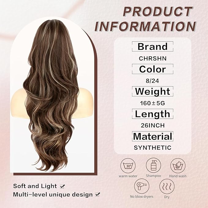 Ponytail Extension, 26 Inch Drawstring Ponytail Extension for Women Long Wavy Layered Pony Tails Hair Extensions Synthetic Clip in Ponytail Hairpiece for Women(8/24)