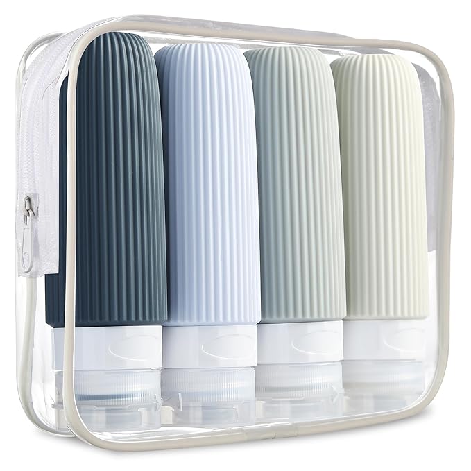 Travel Bottles for Toiletries, Tsa Approved 3oz Portable Travel Bottles, BPA Free Leak Proof Squeezable Silicone Travel Size Containers, Travel Accessories with Clear Toiletry Bag (4 Pack)