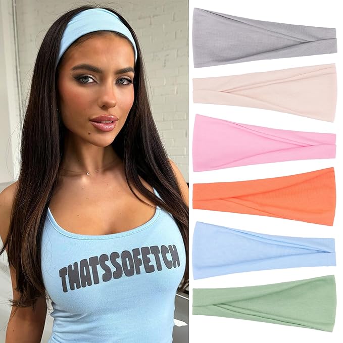 Wide Headbands for Women Non Slip Fashion Womens Headbands 6 Pack Yoga Workout Sweat Head Bands Elastic Hair Bands for Women's Hair Soft Cotton Cloth Headband for Everyday Wear