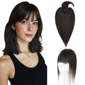 Hairro Mono Hair Toppers with Bangs, 3.4" x 3.4" Mono Base 100% Real Human Hairpieces for Women, 150% Density Clips In Topper for Greyish Thinning Hair, 20 Inch Natural Black