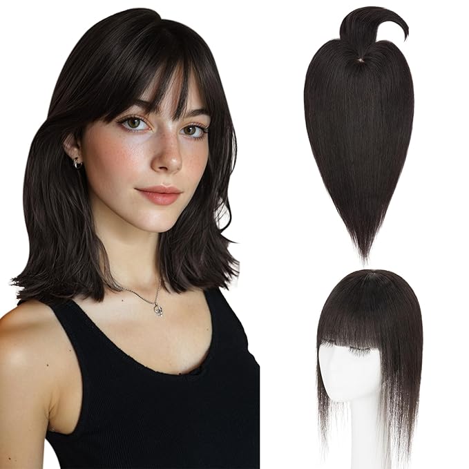 Hairro Mono Hair Toppers with Bangs, 3.4" x 3.4" Mono Base 100% Real Human Hairpieces for Women, 150% Density Clips In Topper for Greyish Thinning Hair, 20 Inch Natural Black