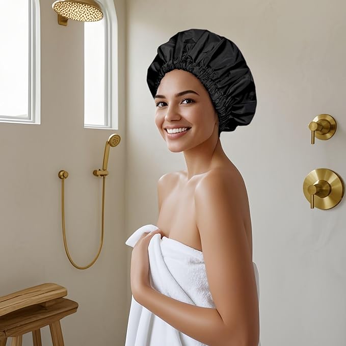 Reusable Shower Cap for Women, Large Waterproof Shower Bonnet Washable Elastic Band Bath Accessories Hair Hat for Long Hair, Braids(Black&Purple)
