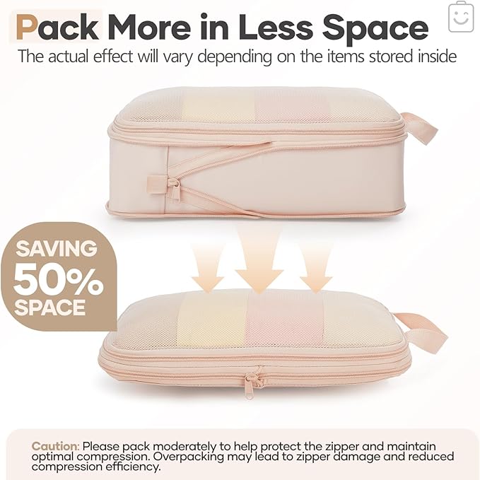 Veken 9/11 Set Compression Packing Cubes for Travel Essentials,Compressible Expandable Large Luggage Suitcase Organizer Bags for Clothing,Durable Space Saver Storage Bags with Toiletry Bags(Beige)