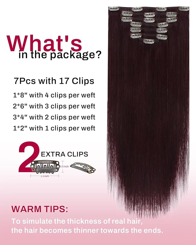Moresoo Clip in Hair Extensions Remy Double Weft Human Hair Clip in Extensions Straight Red Wine Hair Extensions for Women Burgundy #99J 7pcs 120g 20inch