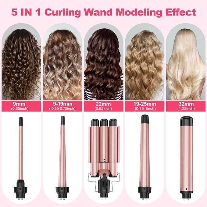 Curling Wand Set, Curling Iron Interchangeable 3 Barrel Wand Curler with Ceramic Tourmaline Professional 5 in 1 Wand Curling Iron,for Women with Curler and Waver