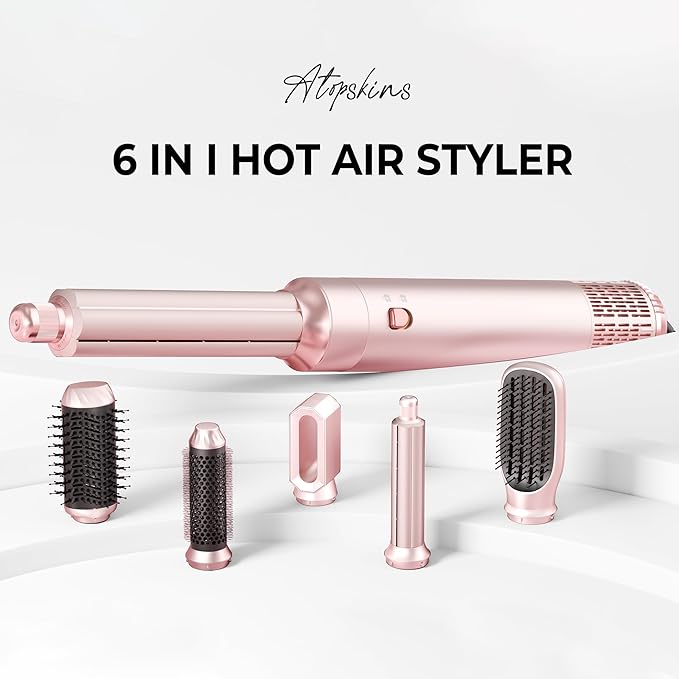 6 in 1 Hair Dryer Brush, Detachable Air Styler, 3 Heat Settings Blow Dryer Brush Frizz-Free Volumizing, Straightening, Curling ALCI Safety Plug for Travel & Home Styling (Pink-A)