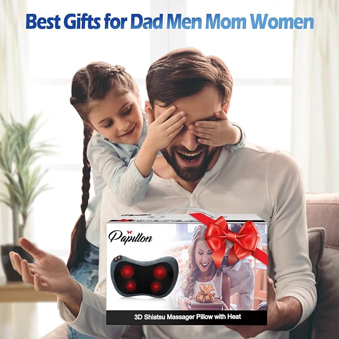 Papillon Neck Massager,Shiatsu Electric Back Massager with Heat,Neck Back Pain Relief Gifts for Mom/Dad/Women/Men,Deep Tissue Kneading Massage Pillow for Shoulder,Legs,Foot,Body Muscle Fatigue Relief