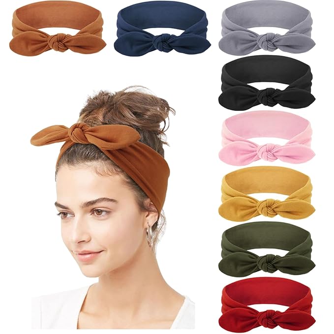 DRESHOW 8 Pack Adjustable Knotted Headbands Non Slip Elastic Yoga Hair Bands Solid Colors Headbands for Women and Girls