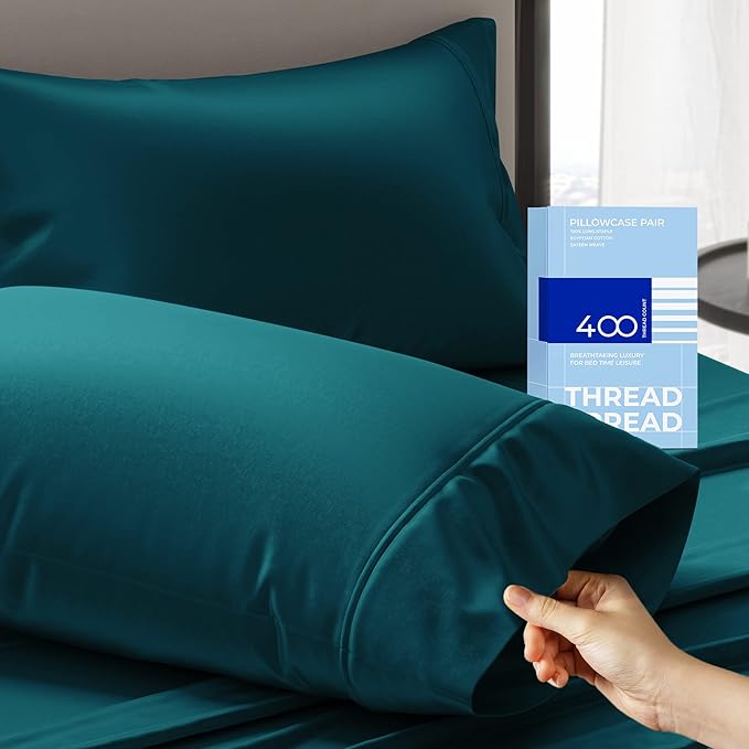 THREAD SPREAD 100% Cotton King Size Pillow Cases Set of 2-400 Thread Count Pillow Cases King Size Set of 2 (Teal), Luxuriously Soft Hotel Quality Sateen Weave Pillowcases, Crisp & Cool