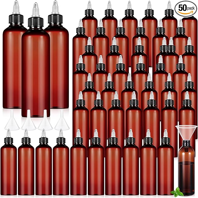 Barydat 50 Pcs 8 oz Squeeze Bottle Twist Top Applicator Bottles Empty Hair Oil Bottle with Funnels Refillable Amber Plastic Bottles for Liquid Hair Oil Shampoo Lotion