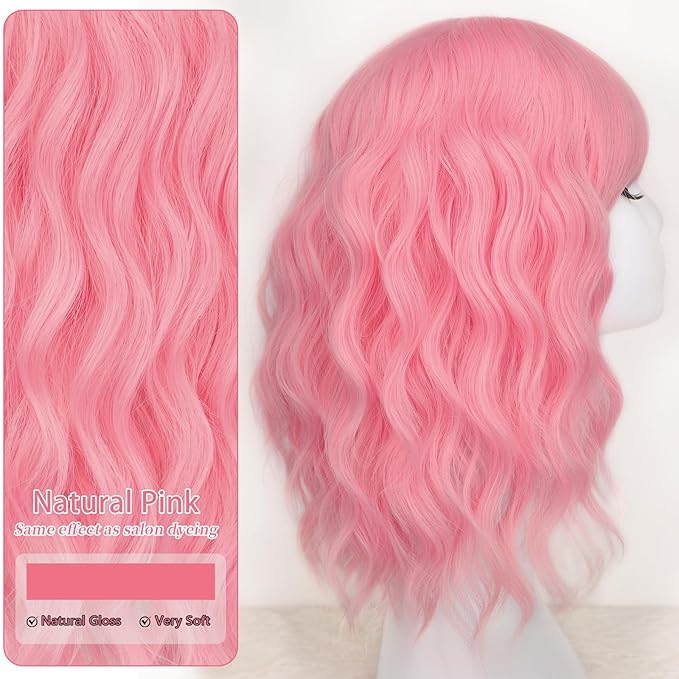 AISI HAIR Curly Bob Wig with Bangs Short Wavy Pink Color Wigs for Women Bob Style Synthetic Heat Resistant Bob Wigs