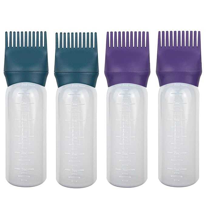 ELANE 4 Pack Root Comb Applicator Bottles, Oiling Applicator for Hair Dye & Shampoos, Salon Use (Purple+Green)