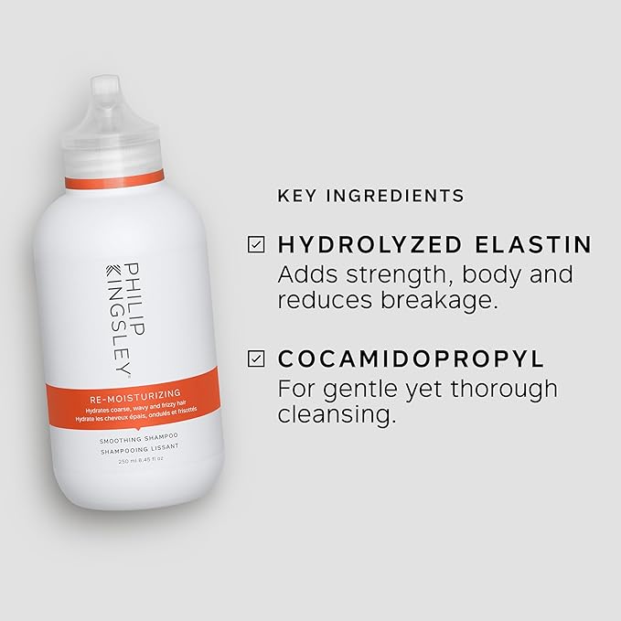 PHILIP KINGSLEY | Re-Moisturizing Smoothing Shampoo | For Curly, Frizzy, Wavy, Dry, Coarse Hair Types | Hydrating Shampoo that Re-Moisturizes and Smooths Hair | 8.4oz