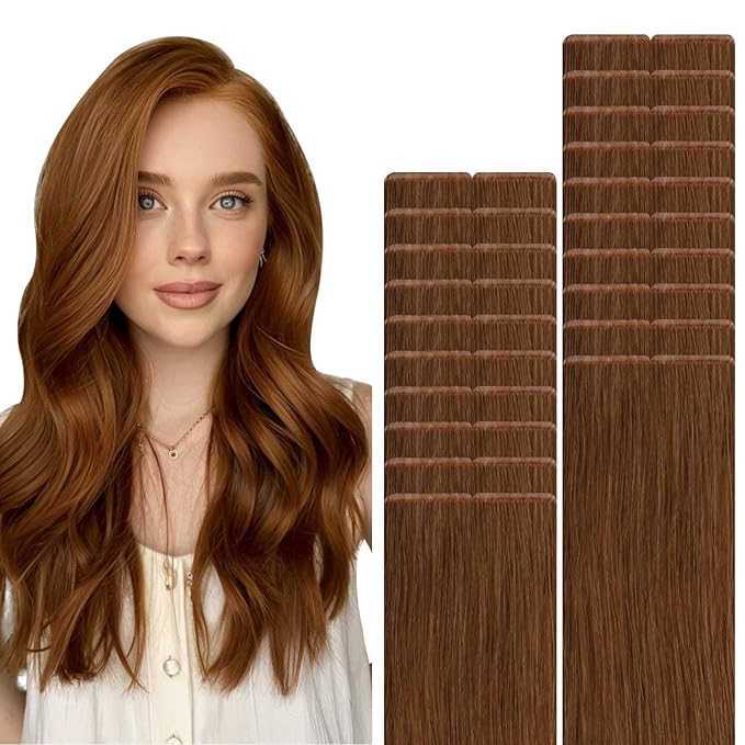 VINBAO Invisi Edge Tape in Hair Extensions Human Hair 14in 40g 20pcs Auburn Ginger Injected Tape in Hair Extensions Seamless Pro Quality Silky Straight 14inch #33