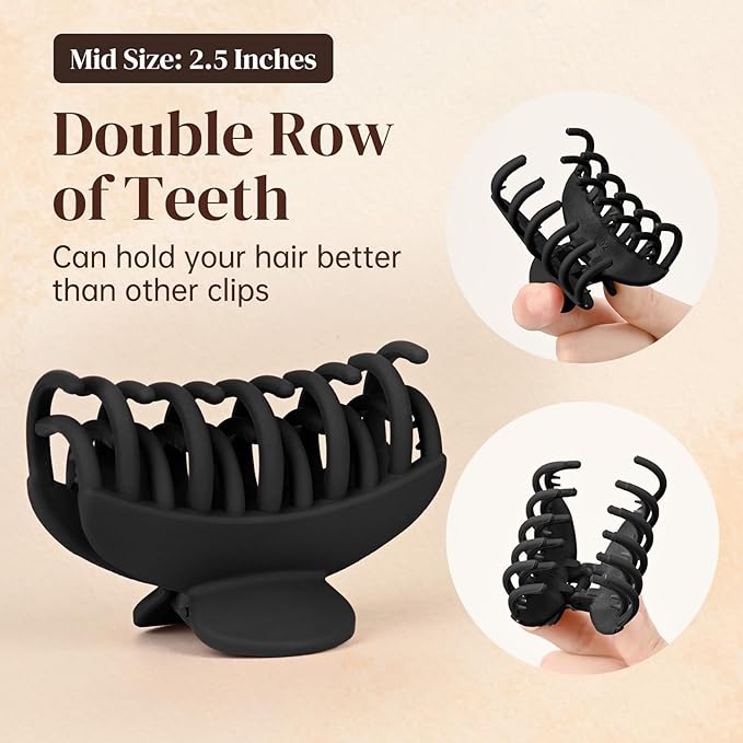DEEKA 4 PCS 2.5 Inch Hair Claw Clips Double Row Teeth Matte Hair Jaw Clips Hair Barrettes Thick Medium Thin Hair Clips for Women (Black)