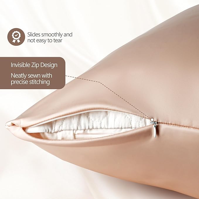 Set of 2 100% Silk Pillow Cases King - 6A Luxury Mulberry Silk Pillowcase for Hair and Skin - Anti-Wrinkle, Cooling & Smooth, Hidden Zipper - Pillowcases for Sleeping Women Girl, Boy, Beige