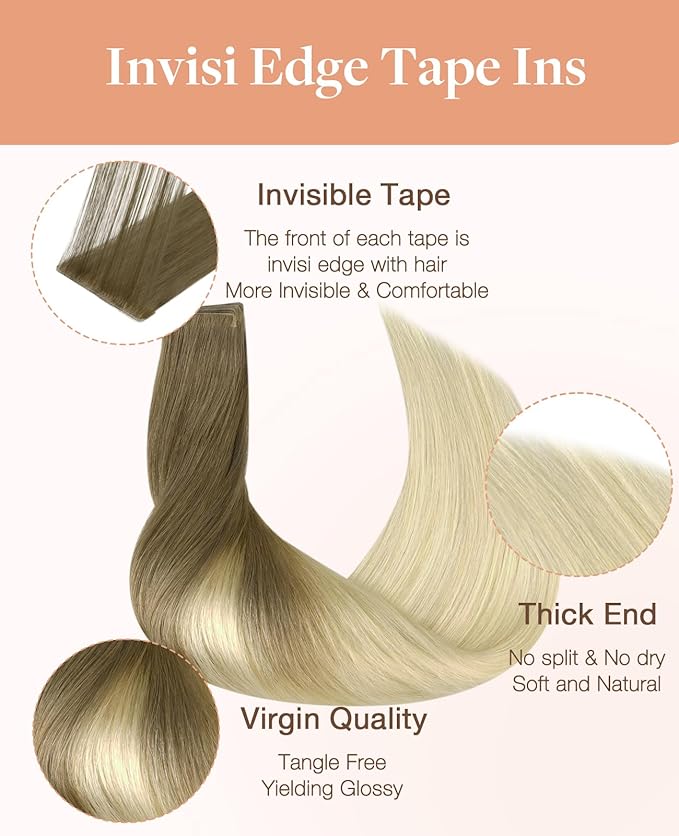 GOO GOO Invisi Edge Tape in Hair Extensions Human Hair, 9/60 Balayage Ash Brown to Platinum Blonde 10pcs injected with 10pcs classical tape ins, 14inch 50g, Virgin Remy Hair, Natural Look