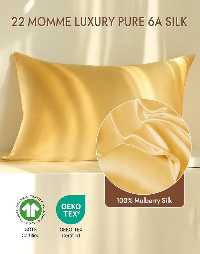 SilkSilky 100% Mulberry Silk Pillowcase - Pure 22 Momme High-Grade 6A Fibers for Hair & Skin, Envelope Closure, Natural, Organic, Breathable & Cooling Pillow Case (Queen, Champagne)