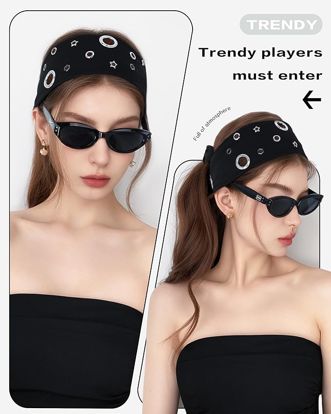 Grommet Headband for Women, Black Star 23cm Hollow Out Elastic Hair Band, Eyelets Punk Grunge Stylish Hairband