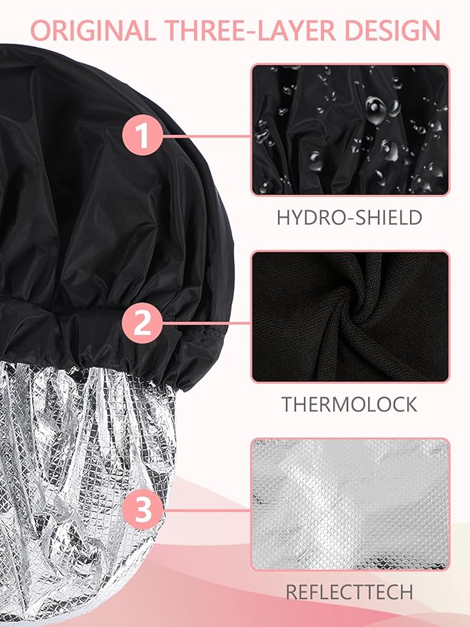 Years calm Heat Cap For Deep Conditioning Shower Cap，Reusable Three-Layer Structure Waterproof Hair Cap – Applicable Tofor Bathing, Hair Care, And Other Uses (Black, One Size)