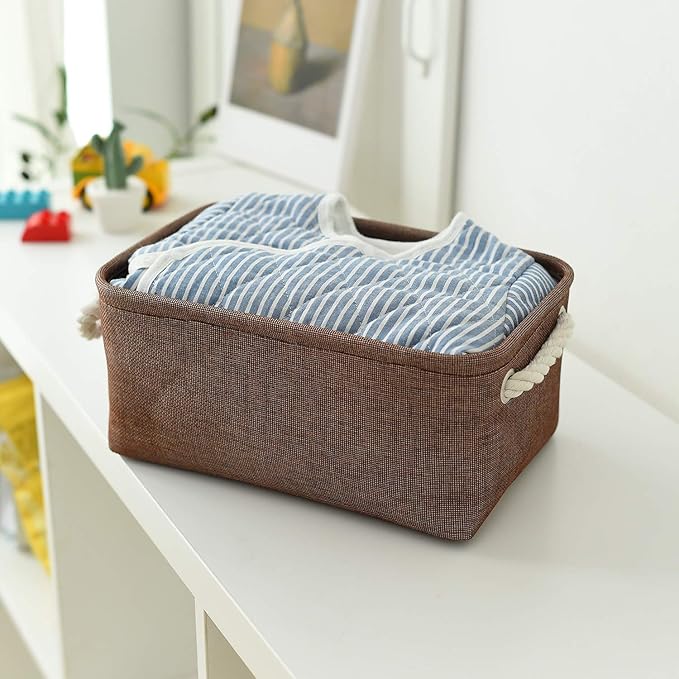 TheWarmHome Small Fabric Canvas Storage Bin with Cotton Rope Handles - Foldable Empty Basket for Gift (Brown-1 Pack,11.8L7.9W5.2H inch)